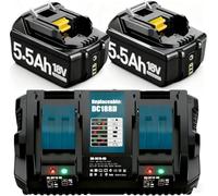 2 batterie di ricambio da 18 V per caricabatterie Dual Port 6 A, compatibile con BL1860B, BL1850B, BL1840, BL1830, BL1815, BL1845, BL1890, BL1430, BL1440, BL1835, LXT-400, con batteria a LED