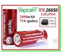 2 Batterie Pila Ricaricabile VAPCELL IFR 26650 2600mah 3,2v 75A LiFePo 4 + case