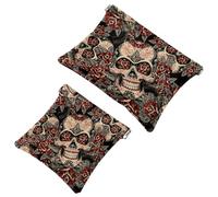 2 beauty case tascabili con chiusura ermetica, mini trousse da viaggio per donne e ragazze, piccola borsa per il trucco portatile, senza cerniera, con scheletro di zucchero, fiori rossi vintage,