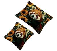 2 beauty case tascabili con panda rosso tra girasoli, borsa per il trucco a chiusura automatica, senza cerniera, piccola borsa per il trucco per riporre cosmetici, cuffie, gioielli, Multicolore,