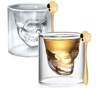 2 bicchieri da caffè a forma di teschio, 250 ml, a doppia parete, con 2 cucchiai di vetro, bicchieri da cocktail, bicchieri da liquore per whisky, vodka assenzio