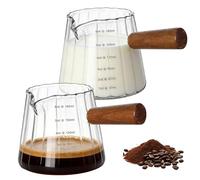 2 bicchieri dosatori da 180 ml, con manico in legno, beccuccio, trasparenti, misurini da espresso, in borosilicato, vaschetta piccola, in vetro, per latte, per cocktail e caffè
