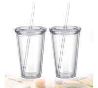 2 bicchieri in plastica rigida da viaggio con cannuccia e coperchio, 450 ml, trasparenti, a doppia parete, riutilizzabili, trasparenti per succo di frutta, frullati, caffè