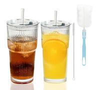 2 bicchieri in vetro a coste con coperchio e cannuccia, bicchieri in vetro scanalati, bicchieri da caffè freddo, bicchieri in vetro borosilicato, per caffè freddo, succhi di frutta, frullati, acqua