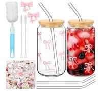 2 bicchieri in vetro con coperchio e cannuccia, fiocco rosa in vetro con 60 adesivi, bicchieri da caffè gelato per frullati in scatola, 500 ml, per tè a bolle, caffè, regalo per ragazze