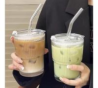 2 bicchieri in vetro da 400 ml con coperchio e cannuccia, in vetro per smoothie con cannuccia, ermetici, impermeabili, design da viaggio, tazza da caffè freddo, bicchieri da caffè ghiacciato,