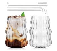 2 bicchieri in vetro da 530 ml, con coperchio e cannuccia, set di bicchieri a coste, bicchieri da tè con cannucce di vetro, bicchieri scanalati, bicchieri in vetro, tazze per tè, latte