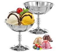 2 bicchieri per gelato in acciaio inox, 125 ml, riutilizzabili, a forma di fiore, vintage, ideali per snack, budini, yogurt e frutta, perfetti per casa, feste, ristoranti (2 pezzi, argentati, stile 1)