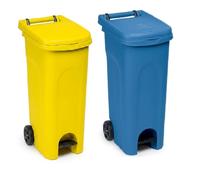 2 Bidoni 80 Litri giallo e blu Carrello con Ruote Pedale e coperchio Raccolta spazzatura Differenziata da Esterno e Interno Anello Ferma Sacco Contenitore Secchio Rifiuti domestico e professionale
