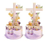 2 biglietti pop-up 3D creativi per Pasqua con croce, con scritta in lingua inglese "He is Risen", biglietto di auguri religioso con croce pasquale, simpatici pulcini e coniglietti, fiori primaverili