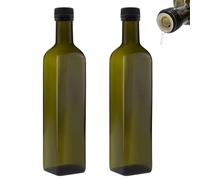 2 bottiglie di olio da 500 ml con beccuccio, colore verde/marrone, con dosatore ed etichette