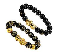 2 bracciali FengShui per ricchezza e felicità, Feng Shui in ossidiana nera, bracciale ricchezza Pixiu, perline buddha, braccialetto elastico per donne e uomini
