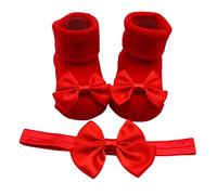 2 calzini per bambini + fascia per neonati, scarpe da battesimo antiscivolo, morbide, occasioni speciali, battesimi, ragazze, calzini per gattonare, Colore: rosso, S