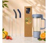 2 cannucce in vetro per tazze Ninja Blend Boss, con 2 spazzole per la pulizia e 2 tappi per cannucce in silicone, riutilizzabili per bicchieri Ninja BlendBoss, grigio e blu scuro