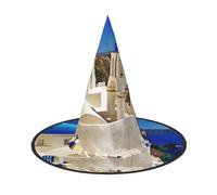 2 cappelli di Halloween - Strega Santorini isola greca vista mare stampa costume festa, donne uomini, cappello corno a punta, luce per Pasqua festiva