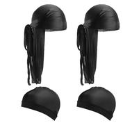 2 Cappelli Durag e 2 Cappelli Rotondi, Cappello Onda di Seta Durag, Cappello di Raso Durag, Banda Pirata, Copricapo Elastico in Seta per Dormire (Nero)