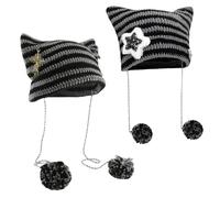 2 Cappelli Lavorati A Maglia con Orecchie di Gatto, Graziosi Cappelli Pullover con Palline di Pelliccia, Cappelli A Righe Moda Donna, Caldi Cappelli Invernali, Accessori Gotici