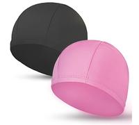 2 cappucci elastici in tessuto per donne e uomini e bambini in tessuto resistente, non impermeabile, per piscina (nero e rosa)
