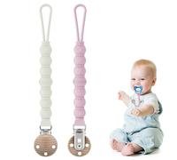2 catenelle per ciuccio, in silicone, per bambini, portatili, con clip in legno di faggio, senza BPA, per bottiglie, adatto per bambini, mantiene il ciuccio pulito
