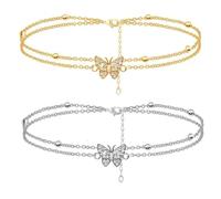 2 Cavigliere, Cavigliere A Doppio Strato A Forma Di Farfalla, Decorazioni Femminili Alla Caviglia, Pezzi Coordinati Per La Moda Estiva (Oro, Argento).