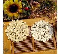 2 centrini da tavolo all'uncinetto da 14 cm, centrini rotondi in pizzo per comò e tavolini, tovagliette in cotone floreale per feste e matrimoni, 1 bianco + 1 beige (14 cm)
