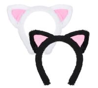 2 cerchietti per capelli con orecchie di gatto, colore bianco e nero, morbidi per lavare il viso e il trucco, con orecchie interne rosa, accessori per maschera, cura della pelle, spa, yoga, adulti