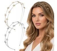 2 cerchietti per capelli da donna a forma di stella, in metallo dorato e argento, doppio strato, corona da sposa, corona da sposa, doppia fila a cinque punte con stelle glitterate, cerchietto elastico