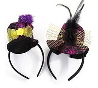 2 cerchietti per capelli da strega per Halloween, alla moda, in rete, per donne e ragazze, divertenti cerchietti per capelli con ragno e piume finte, perfetti per cosplay e feste in costume