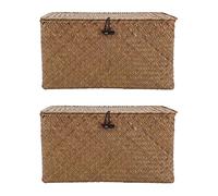 2 cestelli di stoccaggio fatti a mano in paglia coperchio organizer per il trucco scatola di immagazzinaggio di alghe marine cestini per la lavanderia (M)