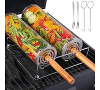 2 Cestelli per Griglia in Acciaio Inox, Girarrosto Cilindrico con Manico in Legno Rimovibile - Accessori BBQ per Griglia da Esterno, Campeggio - Verdure, Pesce, Carne, Frutti di Mare, Regalo Uomo