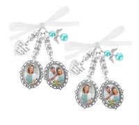 2 ciondoli per bouquet da sposa con foto, color argento, con fiocco e perla e scritta in inglese "You are always in my heart", personalizzabili, per sposo, foto fai da te per ricordo o regalo per