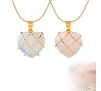2 Collana Cuore, Quarzo Rosa, Collane da Donna Moda Opal Heart, Collana Crystal Castle, Collana per Donna Ragazze Rosa Quarzo, Collana Gioielli Accessori Regalo