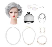 2 Collane, 1 Paio Di Orecchini, 1 Braccialetto, 1 Corda Di Occhiali, 1 Paio Di Occhiali Da Lettura, 1 Parrucca E 1 Cappuccio Per Capelli, Accessori Per Abbigliamento Anziano, Oggetti Di Ruolo.