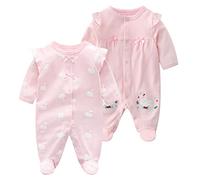 2 Confezioni Bambino Tutine Pagliaccetti con Piede Unisex Pigiama Ragazzi in Cotone Tuta Ragazze Manica Lunga Costume Intero Abiti 0-3 Mesi