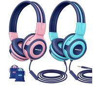 2 confezioni di cuffie per bambini SIMOLIO con volume sicuro, microfono, porta di condivisione, cuffie on-ear per ragazze e ragazzi, cuffie regolabili e pieghevoli da viaggio con custodia per l'aereo