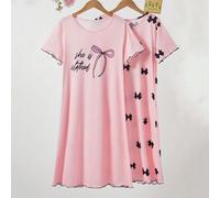 2 Confezioni di pigiami per adolescenti, camicia da notte casual di media lunghezza con collo rotondo, maniche corte, bordi a contrasto e fiocco, in tessuto maglia elasticizzato, lavabile in lavatrice