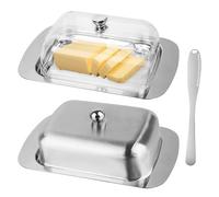 2 contenitori per burro in acciaio inox, con coperchio, trasparenti, con coltello da burro, per dessert, per pane e formaggio