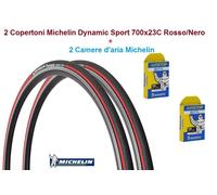 2 Copertoni + 2 Camere Michelin Dynamic Sport 700x23C Rosso per Bici 28" Corsa