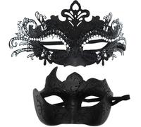 2 coperture per viso in maschera per coppie, in plastica nera, con accenti di piume e corona, design raffinato scavato per martedì grasso e balli in maschera o feste