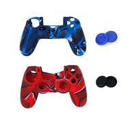 2 cover in silicone per PS4 + 2 paia di tappi per levette PS4, rosso/nero e blu - Esperienza di gioco migliorata, protegge i controller