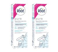 2 creme per la depilazione Veet Purre, adatte per pelli sensibili, applicazione per bikini e ascelle, tubo da 100 ml, con applicatore curvo e spatola