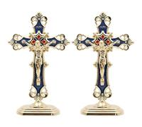 2 crocifisso religioso dorato blu con ornamento e base in lega, espositore per la fede per scrivania o auto, croce 7,7 x 4,4 x 0,5 cm, base 3,4 x 1,9 x 0,5 cm