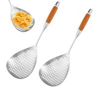 2 cucchiai scanalati per skimmer, cucchiaio per schiumarola, 41,7 cm, colino per pasta, frittura, con manico in legno anti scottatura, resistente al calore, per cucinare, scolapasta in metallo da