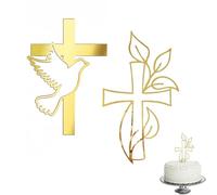 2 Decorazioni per Torta a Forma di Croce, Prima Comunione e Battesimo Decorazioni per Torta in Acrilico Dorato con Colomba e Foglie, Cake Topper per Battesimo, Matrimonio (A)