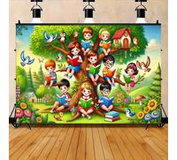 2 dimensioni piatte, 1 pezzo di sfondo con bambini che leggono sotto un albero, tema di bambini che leggono, 2 dimensioni piatte, dimensioni multiple, decorazione da giardino carina, adatta per scene 