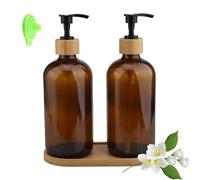 2 dispenser sapone mani 500ml，dosatore sapone cucina， Etichetta e vassoio di legno con distributore di sapone in vetro ricaricabile con pompa, adatto per bagno, cucina, piano di lavoro (marrone)