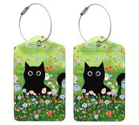 2 etichette per bagagli a forma di gatto, etichette per bagagli in PVC verde con gatto nero, accessori da viaggio alla moda ad acquerello con carta d'identità per prevenire la perdita di borse