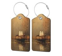 2 etichette per bagagli autunnali in legno a forma di fantasmi carini con barca a remi, per valigie, con patta per la privacy, etichetta identificativa e anello in metallo, per donne e uomini, da