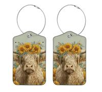 2 etichette per bagagli con mucche e girasoli delle Highland per valigie, in pelle PU, etichette identificative, indirizzi, etichette per borse da viaggio, etichette per valigie