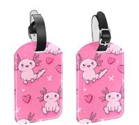 2 etichette per bagagli da crociera, graziose etichette Axolotl senza cuciture con cuori su sfondo rosa, in pelle PU, identificatori per la privacy, con nome, etichetta identificativa per donne